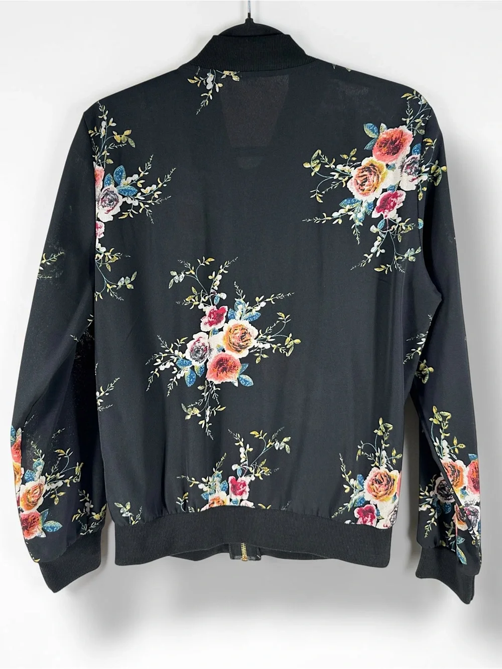 Black Floral Bomber Jacket Semi Sheer Lightweight Zip Up Coat - Picture 10 of 13